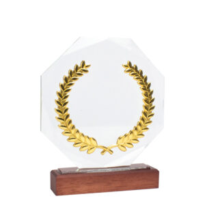 Trofeo galvano de madera, cristal y acero