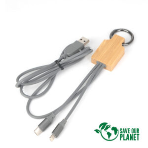 Connect multicargador 4 en 1 de bamboo con llavero.