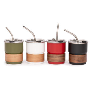 Vaso térmico metálico camp 300cc. Con bombilla y grip de madera.