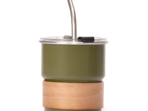 Vaso térmico metálico camp 300cc. Con bombilla y grip de madera.